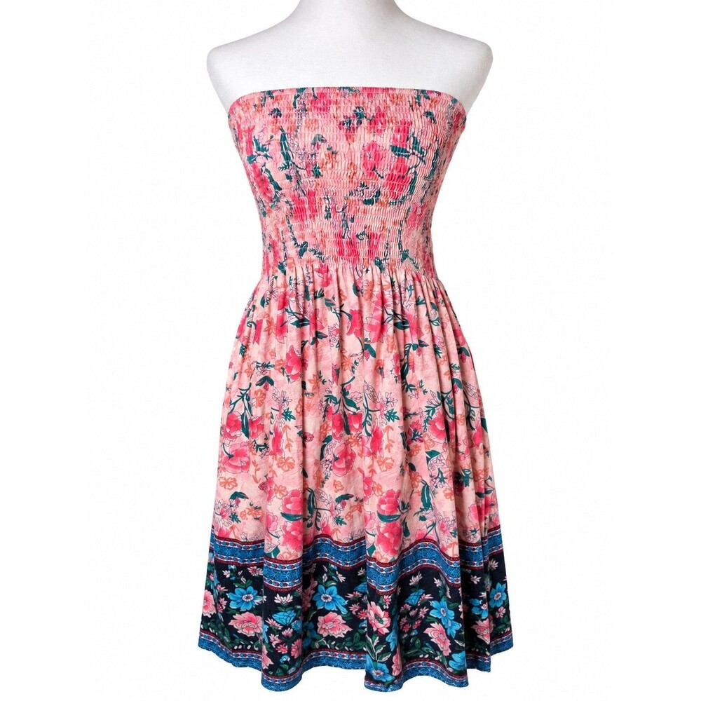 Strapless Floral Smocked Midi Dress Boho Cottagecore Border Print Small Pretty